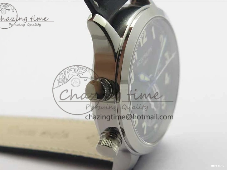 MIROTIME 0402 Stylish Calatrava 5524 Pilot Travel Time SS GRF Black Dial on Black Leather Strap A324 V 7108